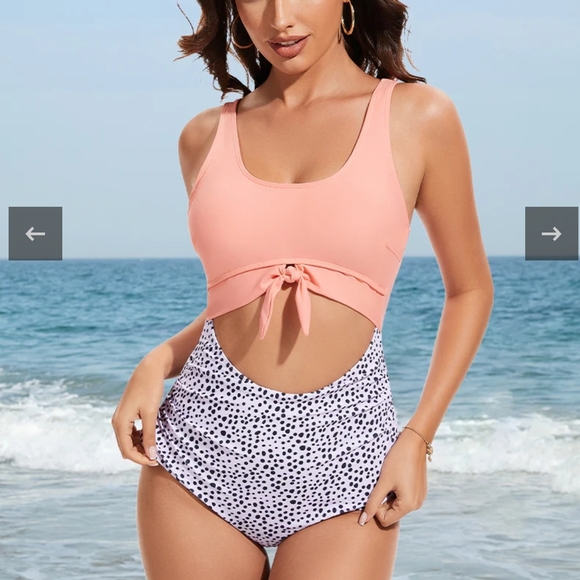 Elegant Peach and Black Polka Dot One-Piece Swimsuit - Picture 1 of 3